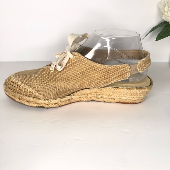 STUART WEITZMAN Canvas Gold Studded Slingback Tan Espadrille Wedge Luxury VTG - Picture 7 of 14